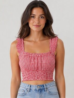Red Gingham Smocked Crop Top - Women